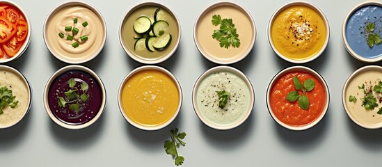 Poster - Copy space image of a panoramic top view displaying a range of creamy vegetable soups served in small pots symbolizing healthy eating and vegetarian cuisine