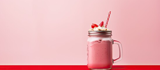 Poster - Copy space image of a refreshing strawberry milkshake in a jar adorned with a silver cap a red striped straw set against an elegant pink background