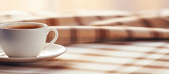 Aufkleber - Copy space image of a white coffee cup resting on a plaid tablecloth with subtle cream brown and beige tones creating a shallow depth of field effect