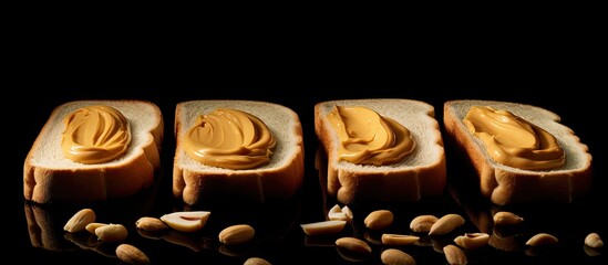 Poster - Copy space image of peanut butter sandwiches or toasts on a light table background representing a breakfast dish in American cuisine suitable for vegetarians