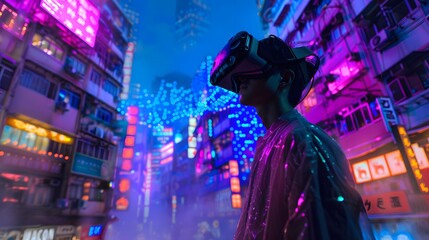 Wall Mural -  young emotional people on multicolored background in neon light. Concept of human emotions, facial expression, sales. Smiling, playing videogames with VR-headset, modern
