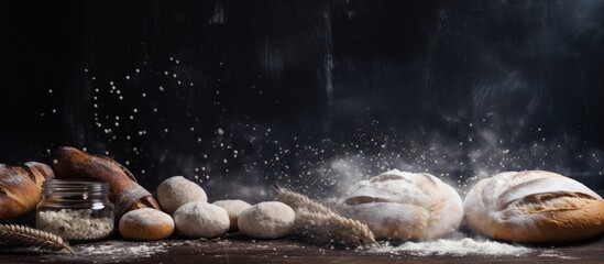 Poster - Copy space image of a black baking background with flour scattered on a board creating a depiction of the bakery and home bread making concept