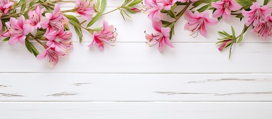 Poster - A copy space image showcasing beautiful alstroemeria flowers on a white wooden background surrounded by a willow branch