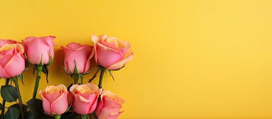 Sticker - A copy space image showcasing pink roses displayed elegantly against a vibrant yellow wall