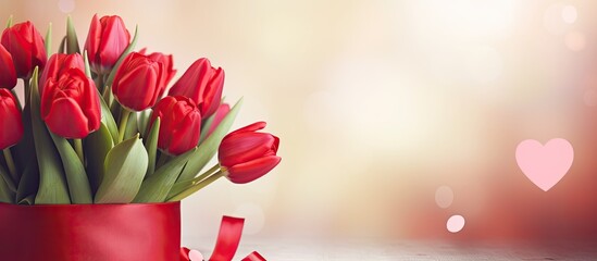 Fototapete - A copy space image showing a greeting card celebrating Valentine s Day with a beautiful bouquet of tulips and a red heart