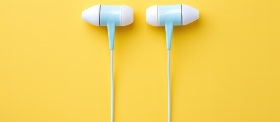 Wall Mural - A copy space image showing white wired earbuds placed flat on a vibrant background as seen from above