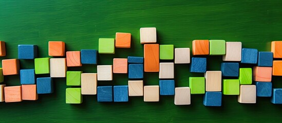 Aufkleber - Top view of a copy space image showing colorful wooden blocks for children placed on a green carpet
