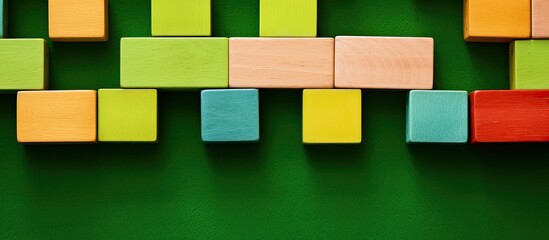 Aufkleber - Top view of a copy space image showing colorful wooden blocks for children placed on a green carpet