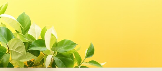 Poster - A copy space image showing vibrant green leaves of a tropical climbing plant in the spring and summer set against a yellow and white abstract background