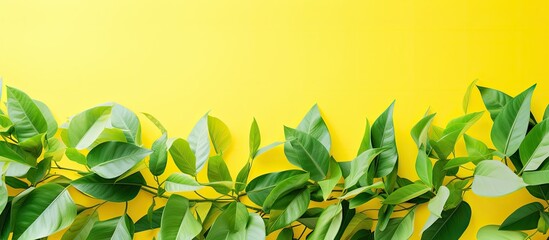 Poster - A copy space image showing vibrant green leaves of a tropical climbing plant in the spring and summer set against a yellow and white abstract background