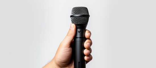 Poster - The image shows a male hand holding a microphone against a white background creating a copy space image