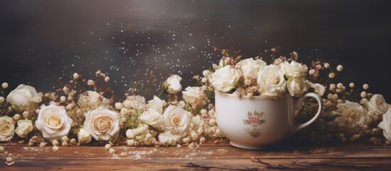 Aufkleber - A copy space image of vintage cup filled with white wedding roses resting on wood background and surrounded by scattered floral petals
