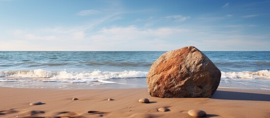 Poster - A rock is being positioned on the beach with copy space image available