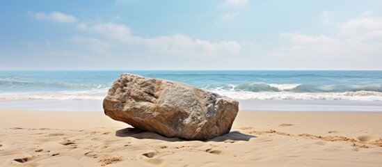 A rock is being positioned on the beach with copy space image available