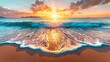 Design a serene beach scenery background with gently rolling waves, golden sand, and a clear blue sky, perfect for a relaxing and tranquil setting