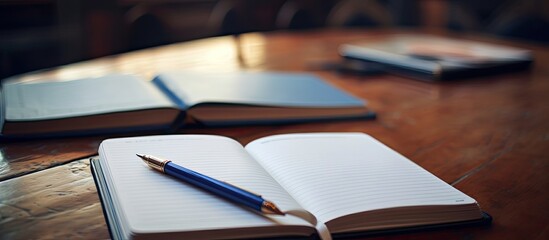 Poster - In the background there is a copy space image of a notebook accompanied by a pen pencil and books