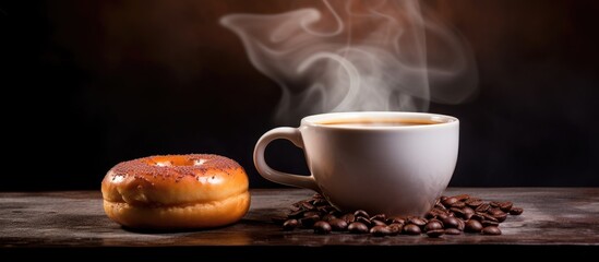 Poster - There is a copy space image of a partially consumed doughnut placed beside a steaming cup of coffee