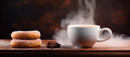 Poster - There is a copy space image of a partially consumed doughnut placed beside a steaming cup of coffee