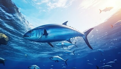Wall Mural - Groups of giant Tuna fish in the underwater, coral reef, amazing underwater life, various fish and exotic coral reefs, ocean wild creatures background