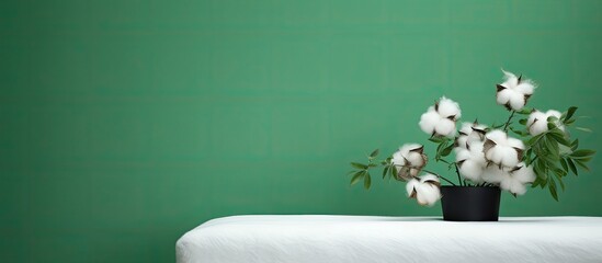 Sticker - There is a cotton sprig placed on a pouf near a green wall providing a visually appealing copy space image