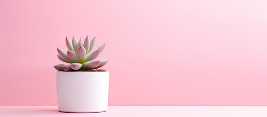 Poster - A small succulent plant is showcased in a white pot against a pink background creating a design concept with copy space for visuals