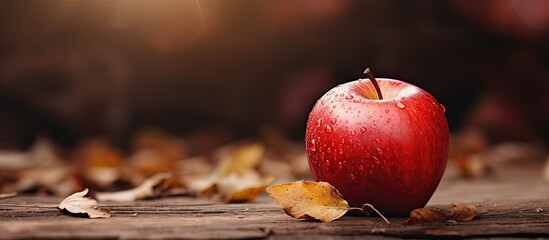 Poster - A red apple is seen in the foreground placed on a rustic wooden surface surrounded by dry leaves The composition creates a warm and natural ambiance The image incorporates copy space