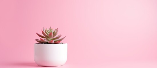 Poster - A small succulent plant is showcased in a white pot against a pink background creating a design concept with copy space for visuals