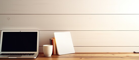 Fototapete - There is a tablet on the desk in a home office providing ample copy space for your text