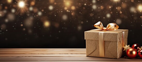 Aufkleber - There is a Christmas themed giftbox on a wooden background suitable for displaying designer text The image has empty space surrounding it. Creative banner. Copyspace image