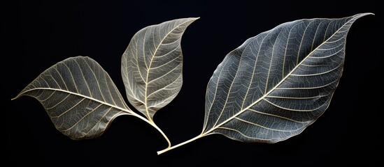 Poster - Flat lay of elegant decorative skeleton leaves on a black background with room for text creating a visually stunning and versatile copy space image