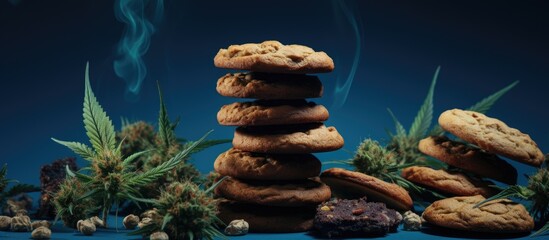 Medicinal marijuana infused CBD cannabis cookies and cocoa sprinkled with hemp seeds set against a vibrant dark blue background creating a visually appealing copy space image