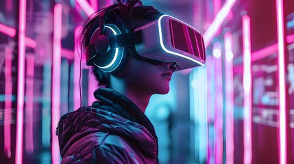 Wall Mural -  young emotional people on multicolored background in neon light. Concept of human emotions, facial expression, sales. Smiling, playing videogames with VR-headset, modern