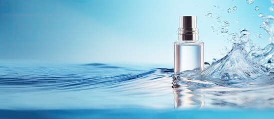 Leinwandbilder - A bottle of moisturizing cosmetic serum is shown against a blue background with water waves creating a serene copy space image
