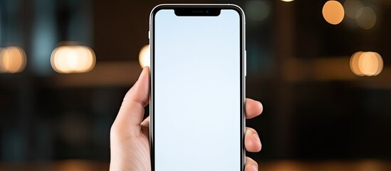 Poster - In the morning a man s hand taps on a smartphone with a white screen while a television screen serves as the background The smartphone s screen is blank providing space for information