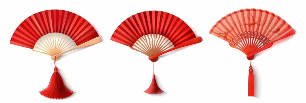 Chinese hand fan, wooden handlend accessory from Asia. Isolated on a white background,  set of open and closed red Japanese fans represents traditional Asian or Spanish folding souvenirs with tassels.