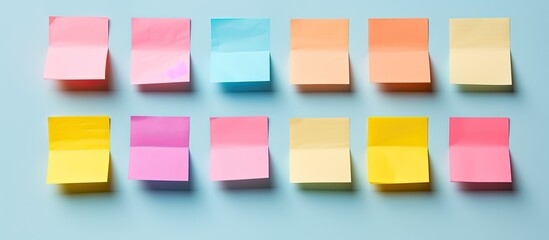Poster - Post it notes in the colors of pink blue and yellow are empty and prepared for use as copy space images