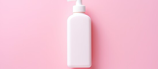 Canvas Print - A white dispenser for shampoo cream or soap is seen from a top view on a pink background with plenty of room for text or images around it This blank plastic bottle is associated with skincare