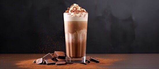 Leinwandbilder - A milk chocolate cocktail or whipped coffee with milk and ice adorned with cocoa powder on a contrasting background with ample space for text or other images