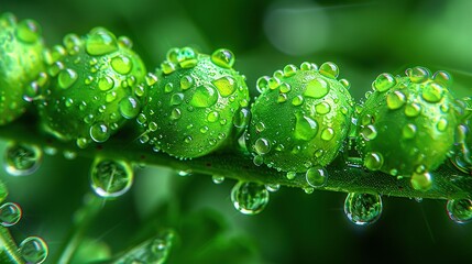 Poster -   A green plant with droplets on its leaves and a blurry background in focus