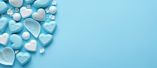 Sticker - Pastel azure background with a heart shaped arrangement of blue sweet chocolates Flat lay top view Perfect for expressing love on occasions like Valentine s Day Mother s Day or a birthday card with c