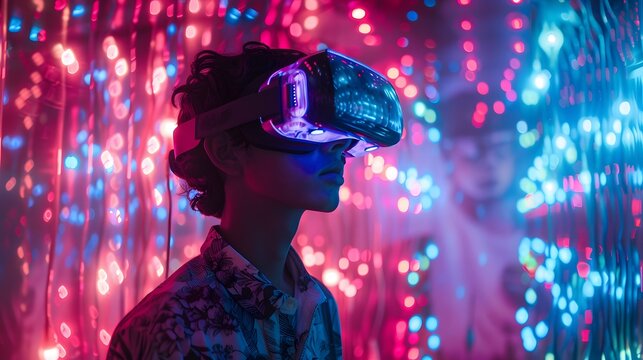  young emotional people on multicolored background in neon light. Concept of human emotions, facial expression, sales. Smiling, playing videogames with VR-headset, modern