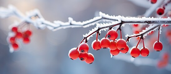 Poster - A picturesque copy space image capturing frozen red berries adorned with hoarfrost on a chilly winter day