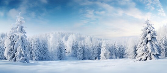 Poster - A picturesque winter scene with snowy fir branches forming a copy space image against the backdrop of a natural forest landscape The sky is clear and bright adding to the enchantment of this outdoor