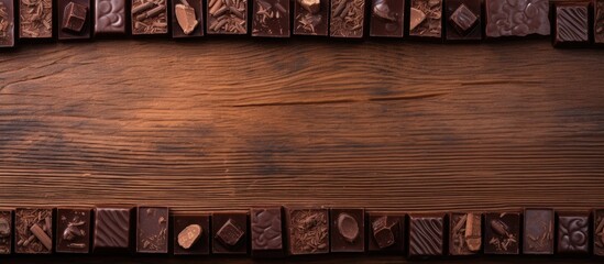 Aufkleber - Top view of a wooden background with pieces of chocolate arranged allowing ample space for text in the image