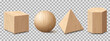 3d style realistic wooden textured cube,ball,pyramid, hexagonal prizm