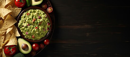 Poster - A top view of a plate with fresh guacamole and tortilla chips surrounded by a dark brown background The image provides copy space for text and represents the concept of traditional Mexican foods and