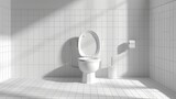 Fototapeta  - Modern toilet room interior 3d realistic vector mockup with tiled walls and floor, classic white ceramic toilet bowl with water tank and opened seat lid, paper and brush in metal holders illustration 