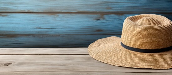 Wall Mural - Wooden background with a beach hat providing copy space in the image