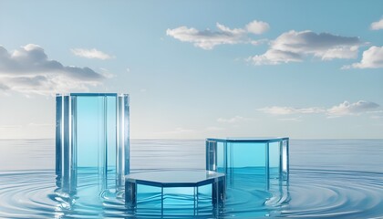 3D Glass display scene composed of transparent cuboids, crystal balls and round podiums