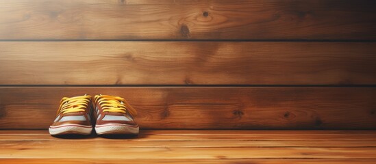 Poster - Pair of running shoes placed on a wooden floor with plenty of empty space around for a copy space image